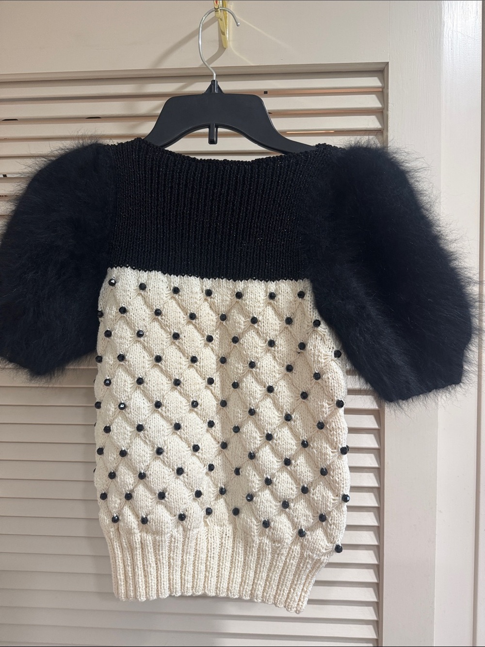 Women’s Black & Cream Knit Sweater with Puff Fur Sleeves